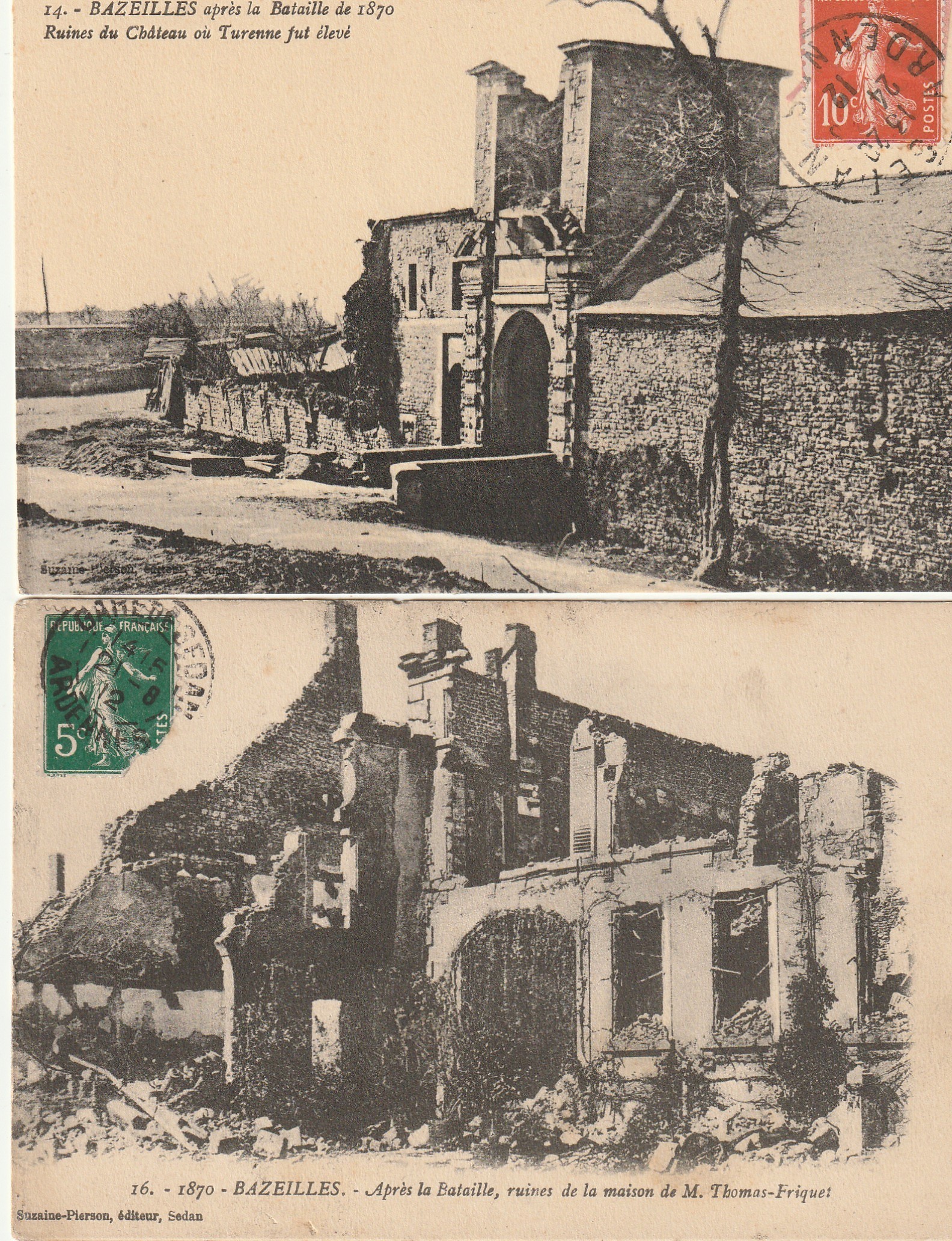 2 cpa BAZEILLES 08. Après la Bataille de 1870 Ruines du Château de Turenne et maison Thomas-Friquet 1912