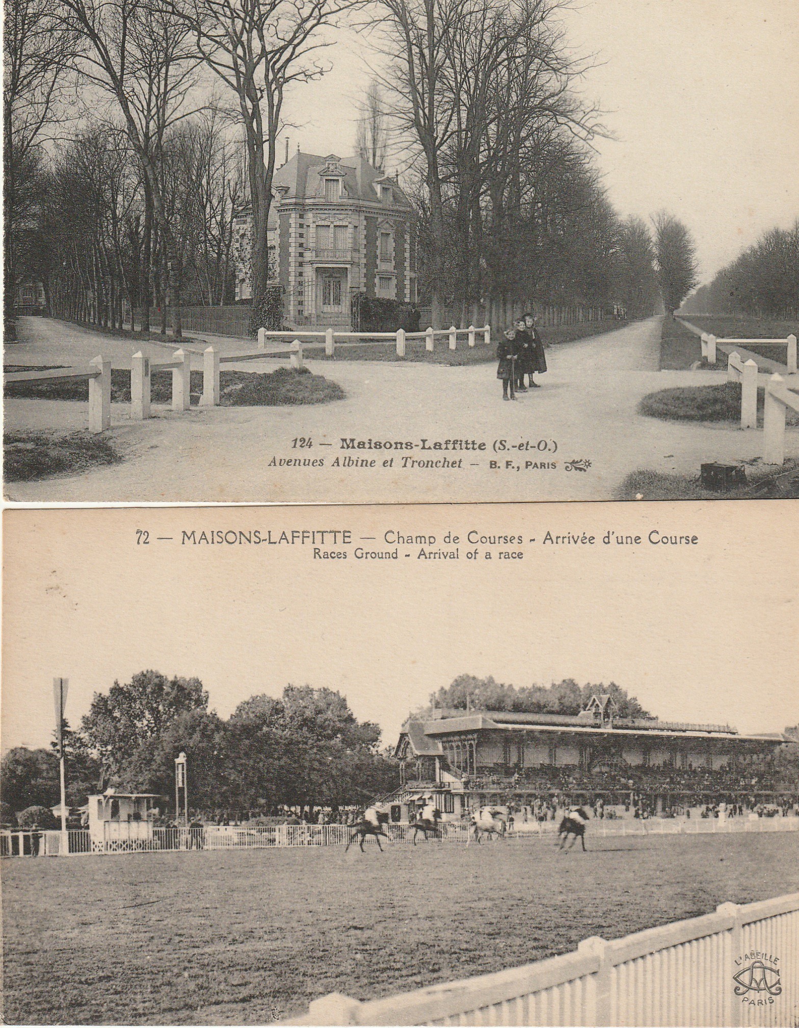 2 cpa 78 MAISONS-LAFFITTE. Avenues Albine Tronchet et arrivée d'une Course au Champ de Courses