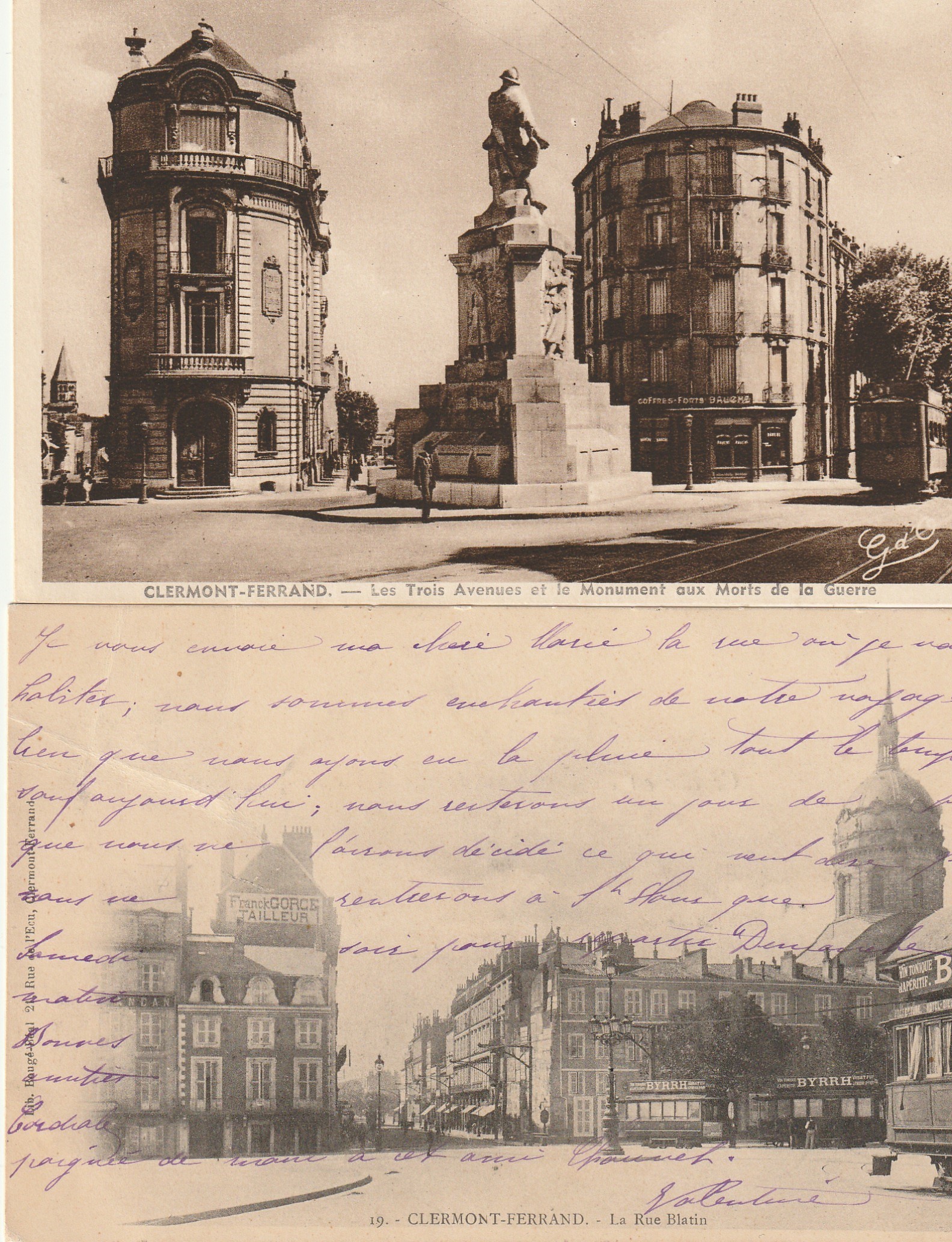 2 x cpa 63 CLERMONT-FERRAND. Monument aux Morts sur les Trois Avenues et rue Blatin 1904