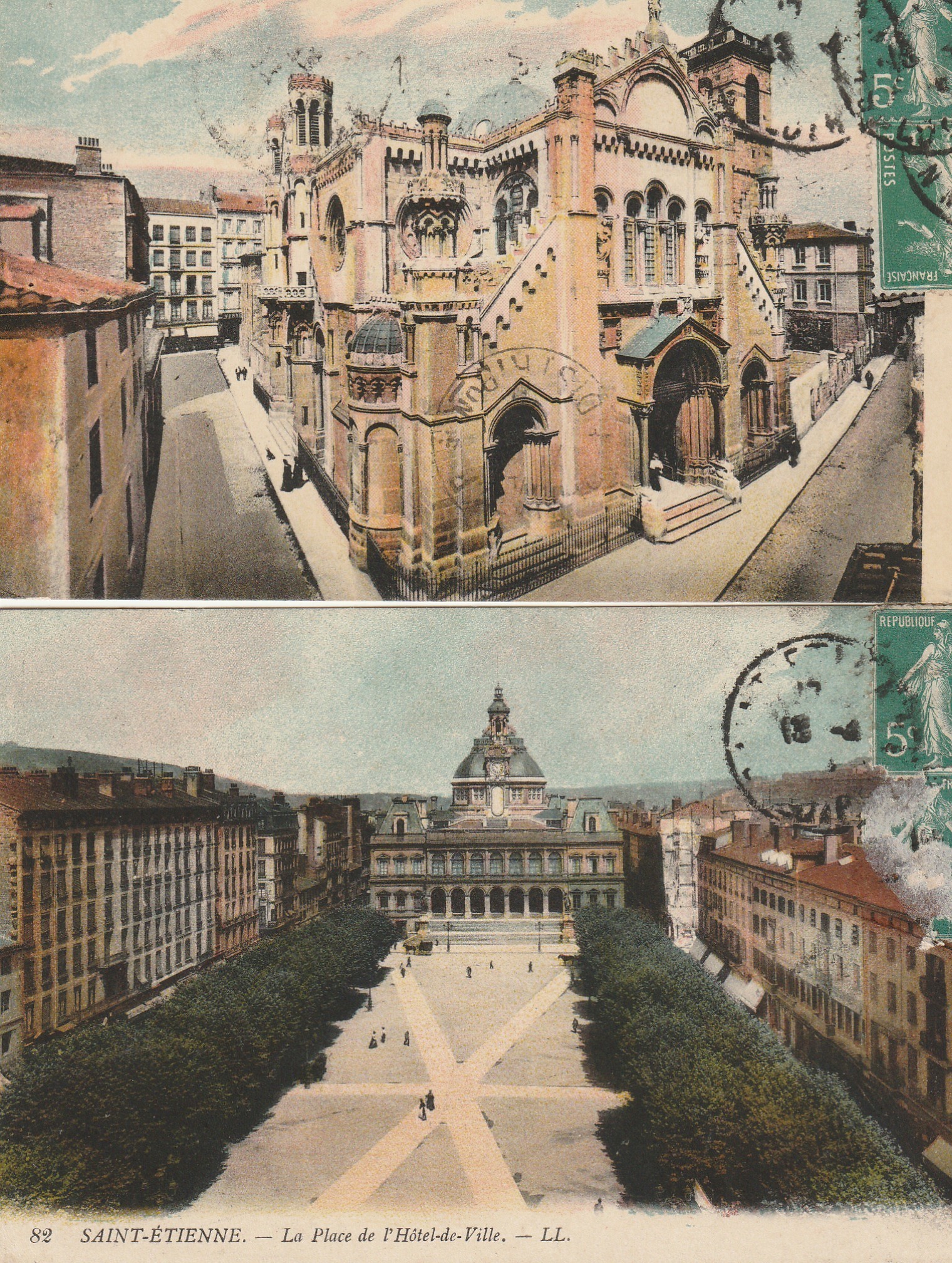 2 x cpa 42 SAINT-ETIENNE. Eglise Sainte-Marie et Hôtel de Ville