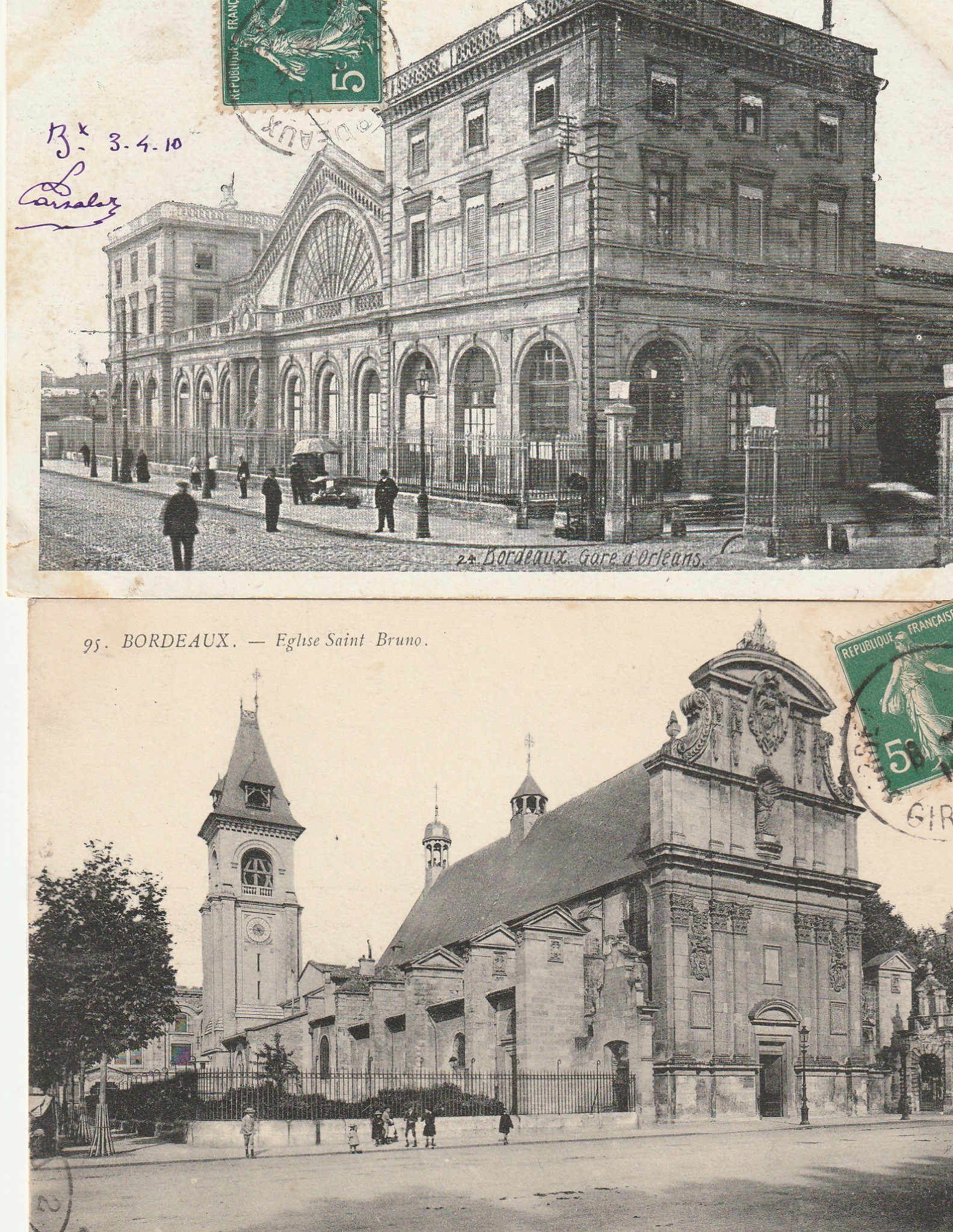 2 x cpa 33 BORDEAUX. Gare d'Orléans et Eglise Saint-Bruno 1910