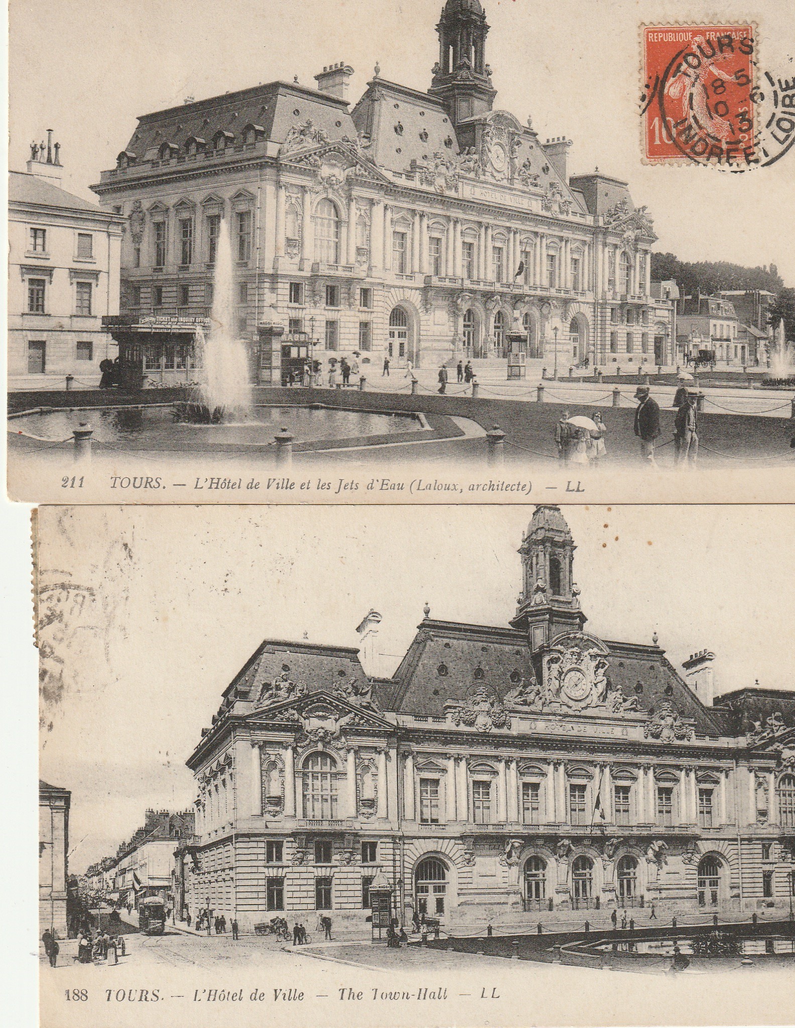 2 x cpa 37 TOURS. Hôtel de Ville et Jets d'Eau 1913-23