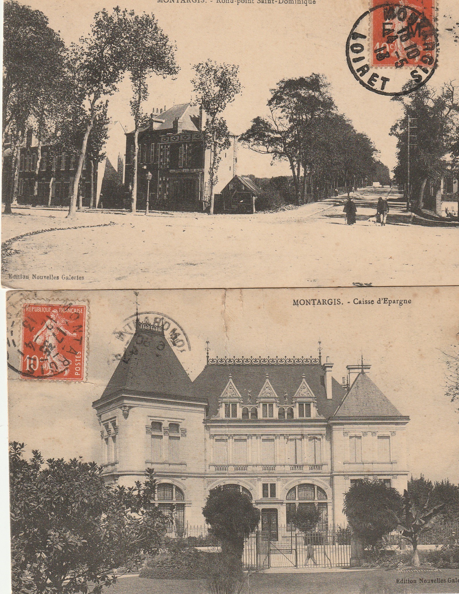 2 x cpa 45 MONTARGIS. Rond-point Saint-Dominique et Caisse d'Epargne 1913