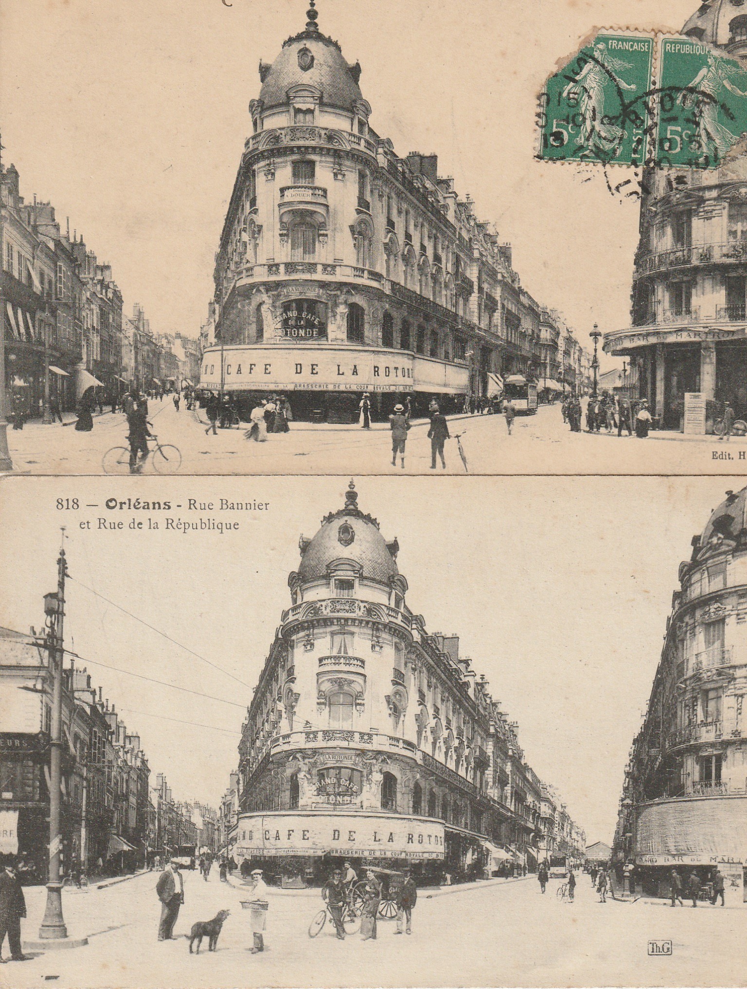 2 x cpa 45 ORLEANS. Café de la Rotonde rue Bannier et de la République 1915-17