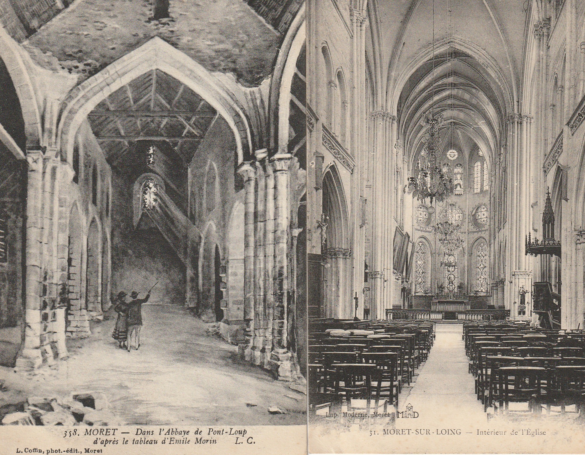 2 x cpa 77 MORET-SUR-LOING. Abbaye de Pont-Loup et intérieur de l'Eglise 1919