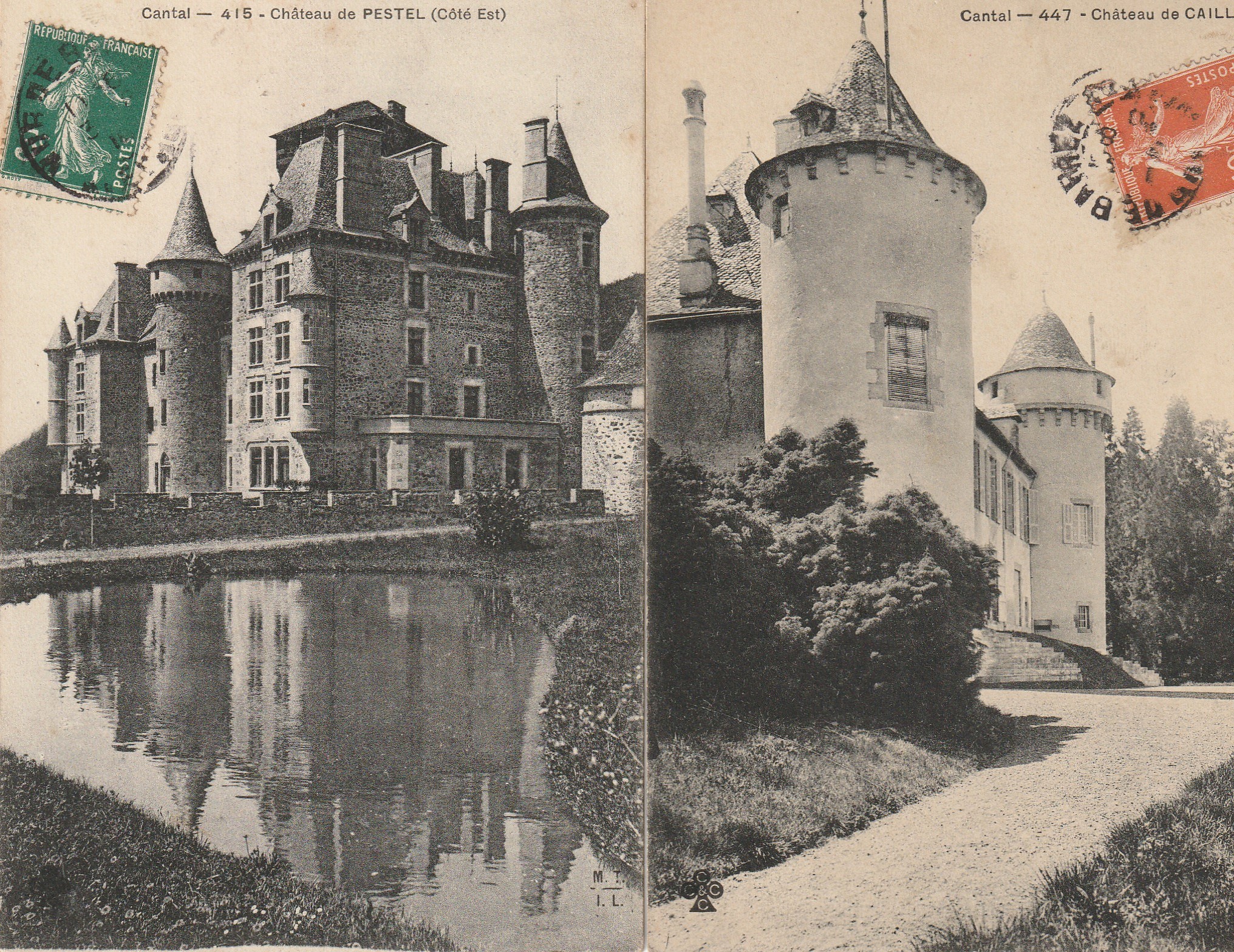2 x cpa 15 CANTAL. Château de Caillac et de Pestel vers 1910