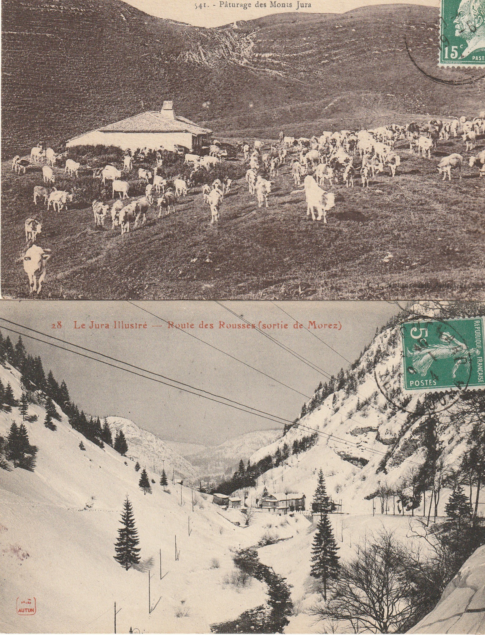2 x cpa 39 LE JURA. Vaches au Pâturage des Monts et Route des Rousses 1914