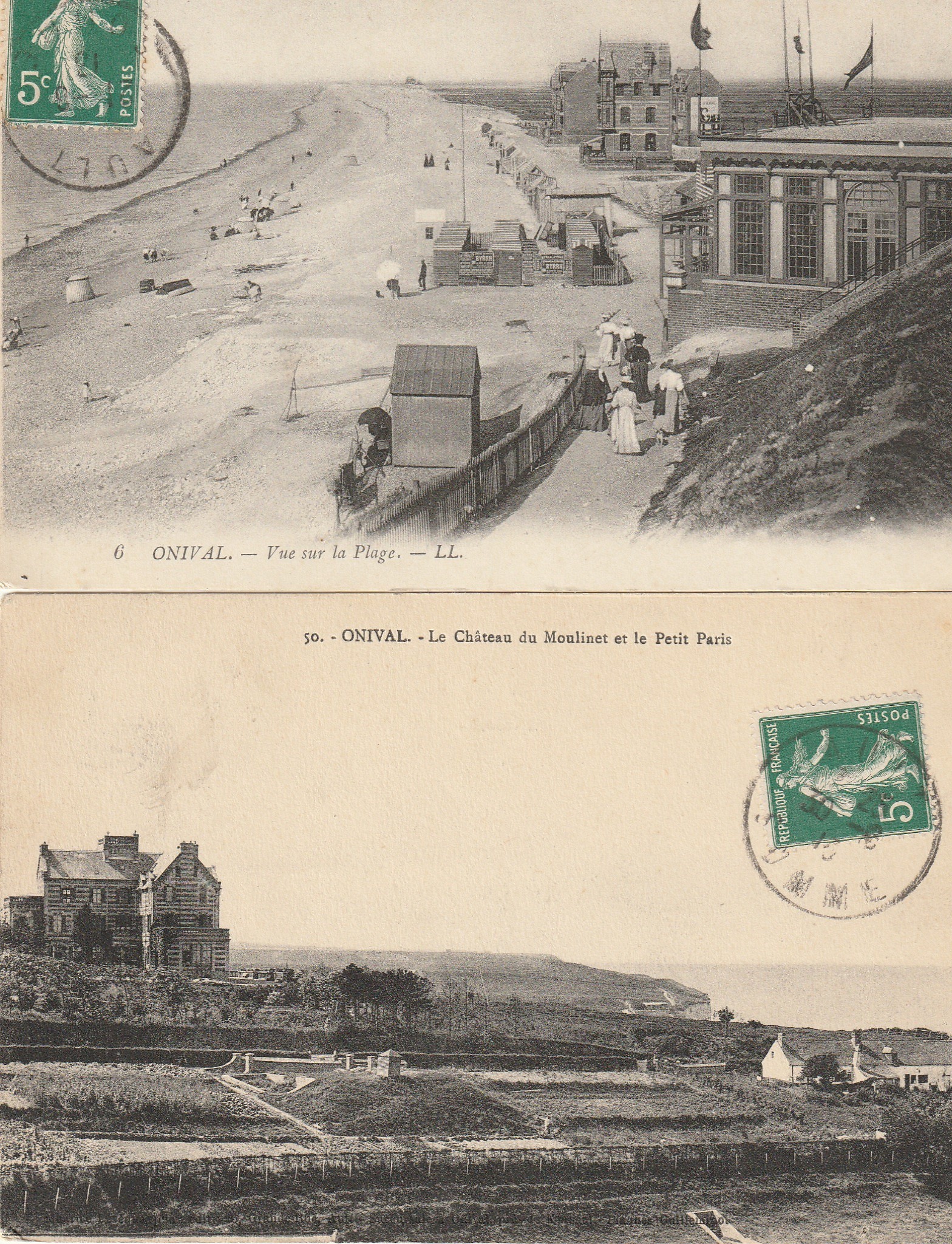 2 x cpa 80 ONIVAL. La Plage, Château du Moulinet et Petit Paris 1913