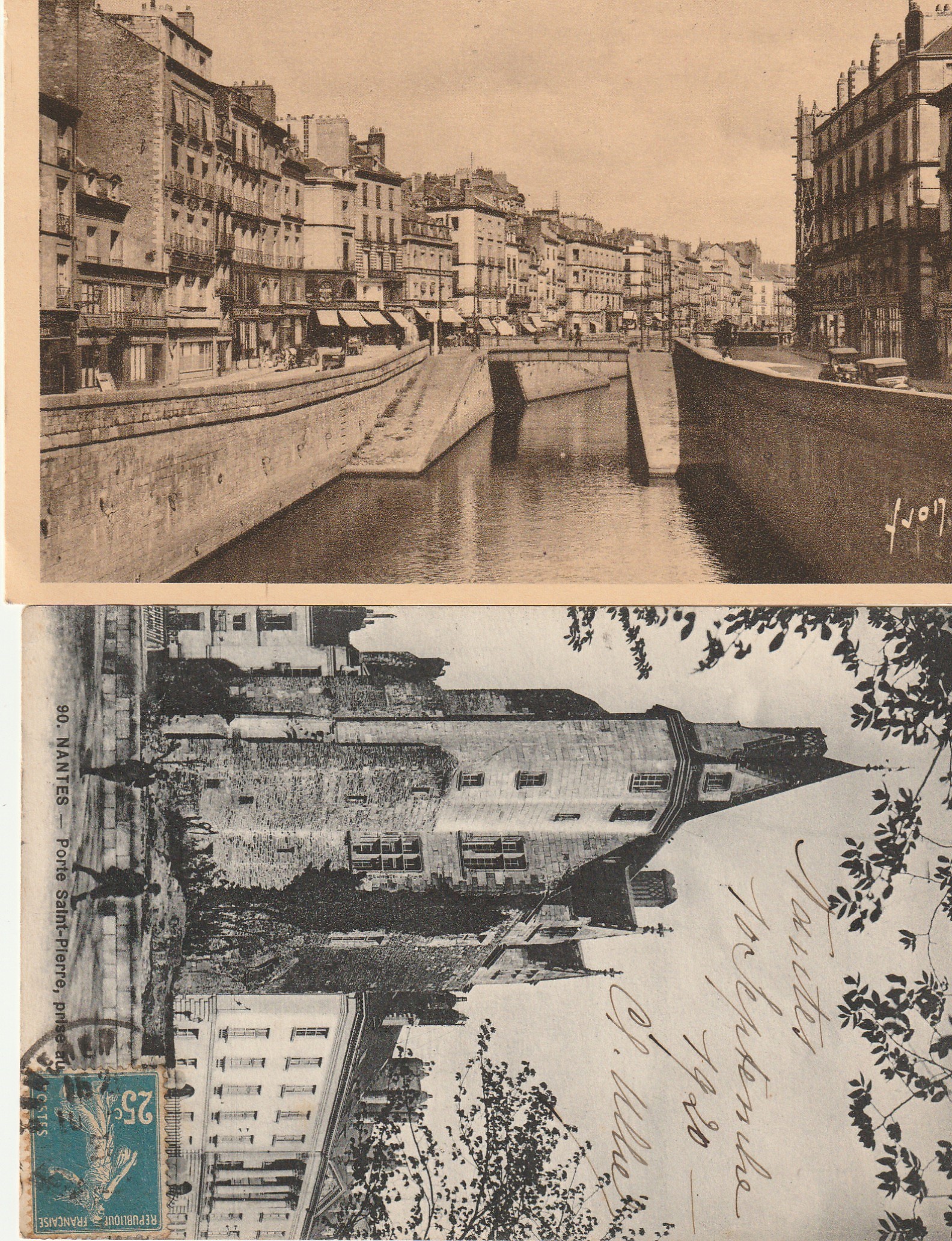 2 x cpa 44 NANTES. Canal Quai Cassard 1949 et Porte Saint-Pierre 1920