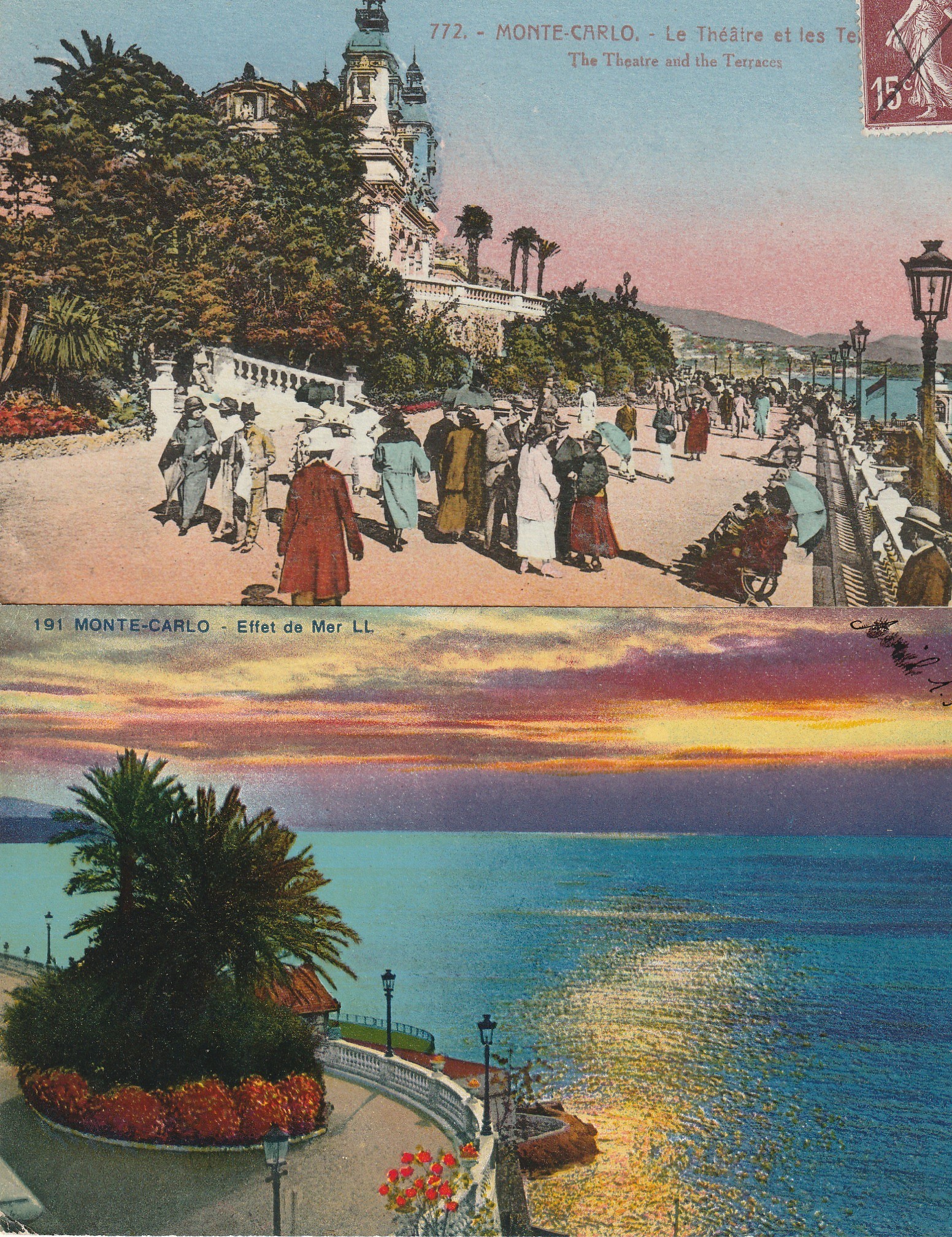 2 x cpa MONTE-CARLO. Théâtre et les Terrasses ainsi que l'effet de Mer 1926.28