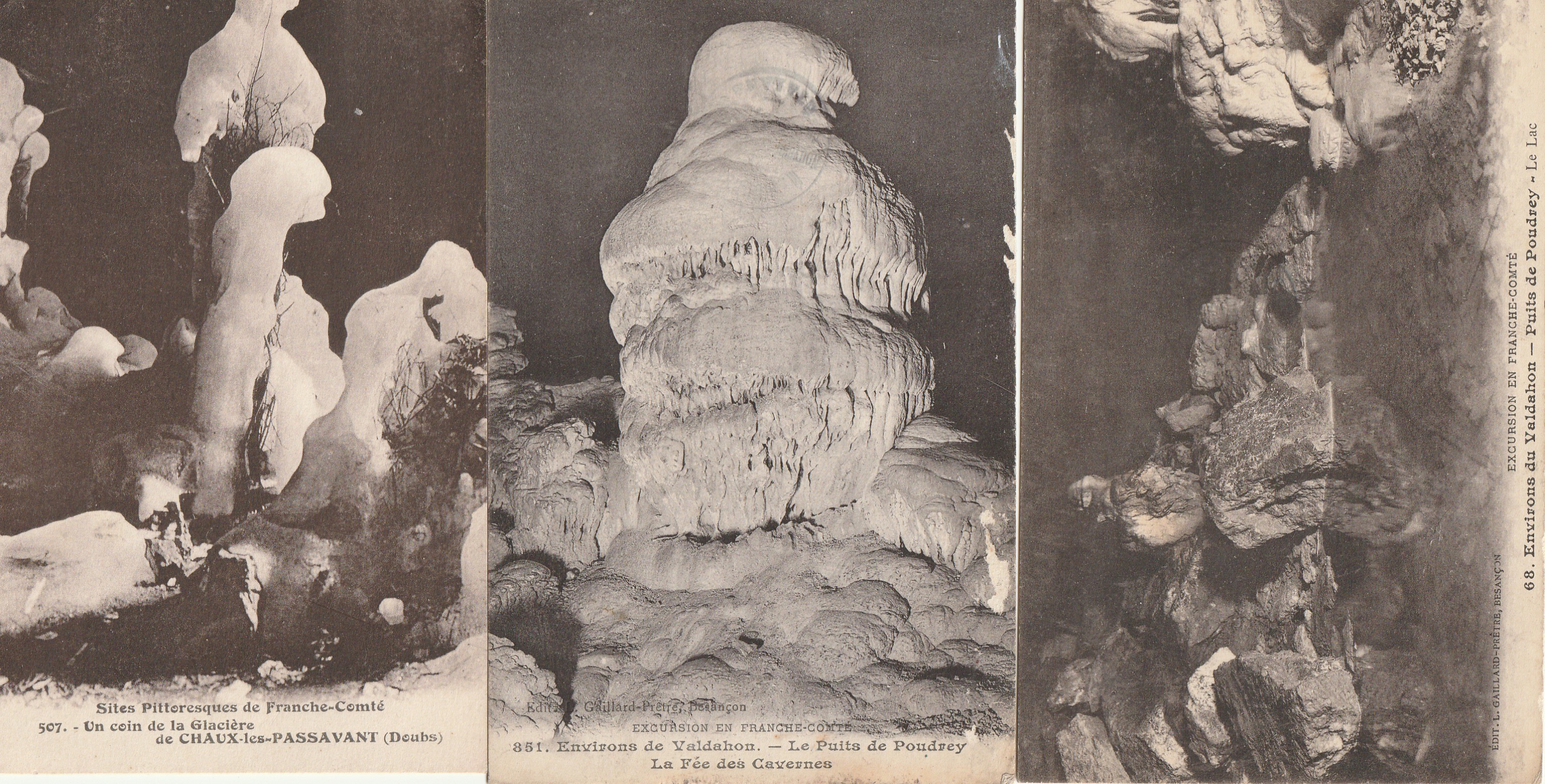 3 x cpa 25 FRANCHE-COMTE. Glacière Chaux-les-Passavant, Puits de Poudrey et Fée des Cavernes