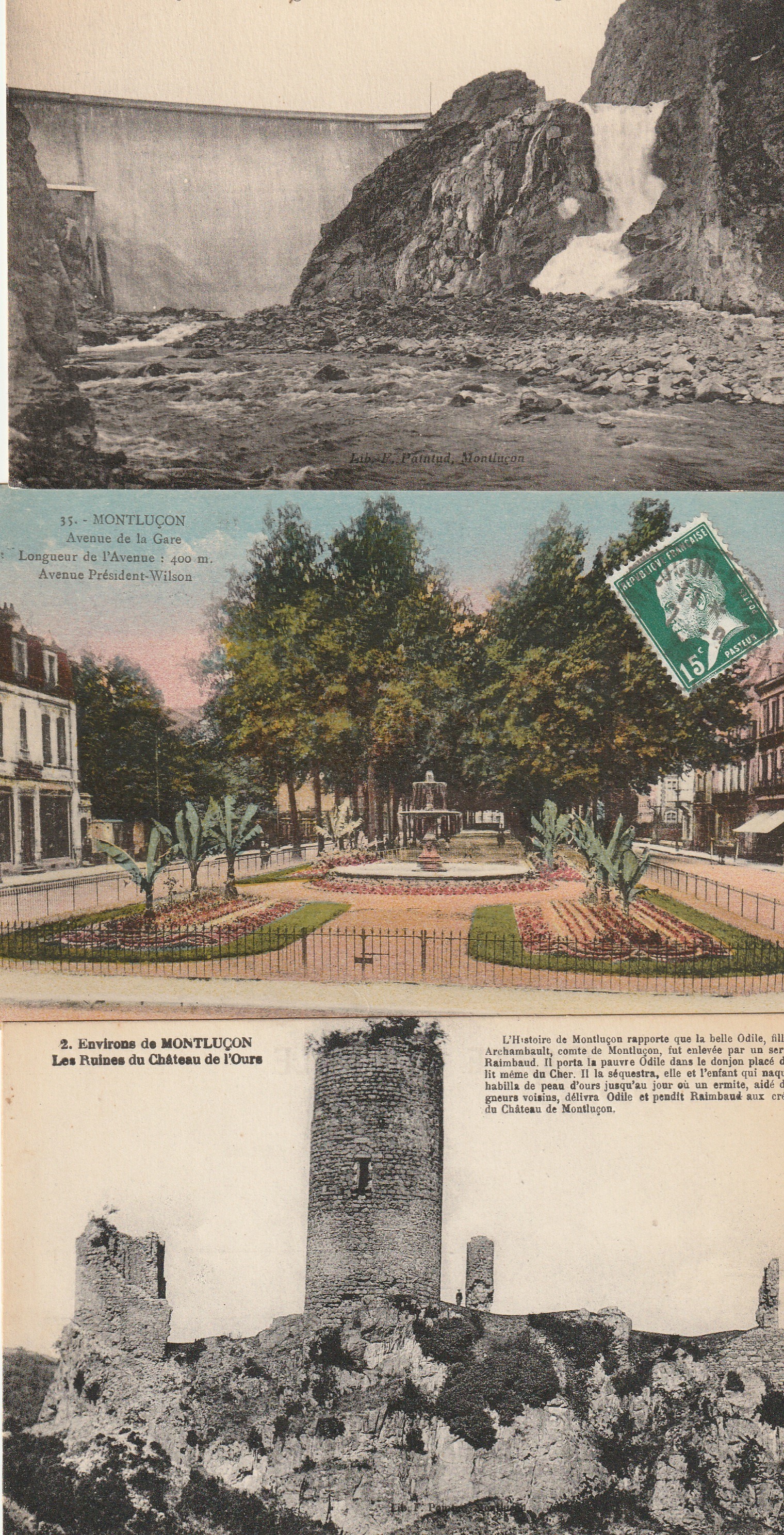 3 x cpa 03 MONTLUCON. Barrage Digue, Avenue de la Gare et Ruines Château de l'Ours