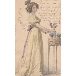 Style Kirchner LA MODE. Illustrateur à identifier Art déco. Jeune femme en robe longue avec noeud ruban derrière 1901