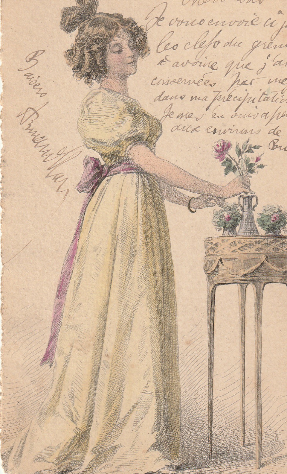 Style Kirchner LA MODE. Illustrateur à identifier Art déco. Jeune femme en robe longue avec noeud ruban derrière 1901