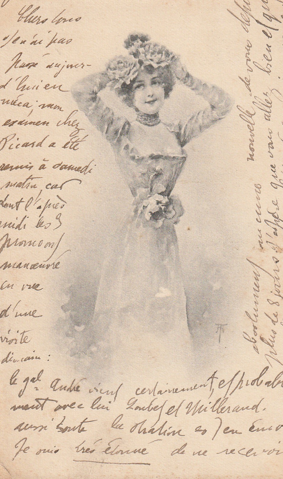 Style Kirchner LA MODE. Illustrateur à identifier Art déco. Jeune femme en robe ave fleurs dans les cheveux 1901