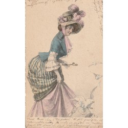 Style Kirchner LA MODE. Illustrateur Art déco 1901 Jeune femme en robe longue ave superbe chapeau et binocle