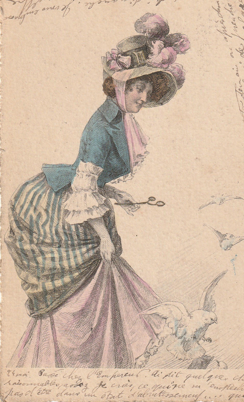 Style Kirchner LA MODE. Illustrateur Art déco 1901 Jeune femme en robe longue ave superbe chapeau et binocle