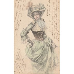 Style Kirchner LA MODE. Illustrateur Art déco 1901 Jeune femme en robe longue avec superbe chapeau et binocle