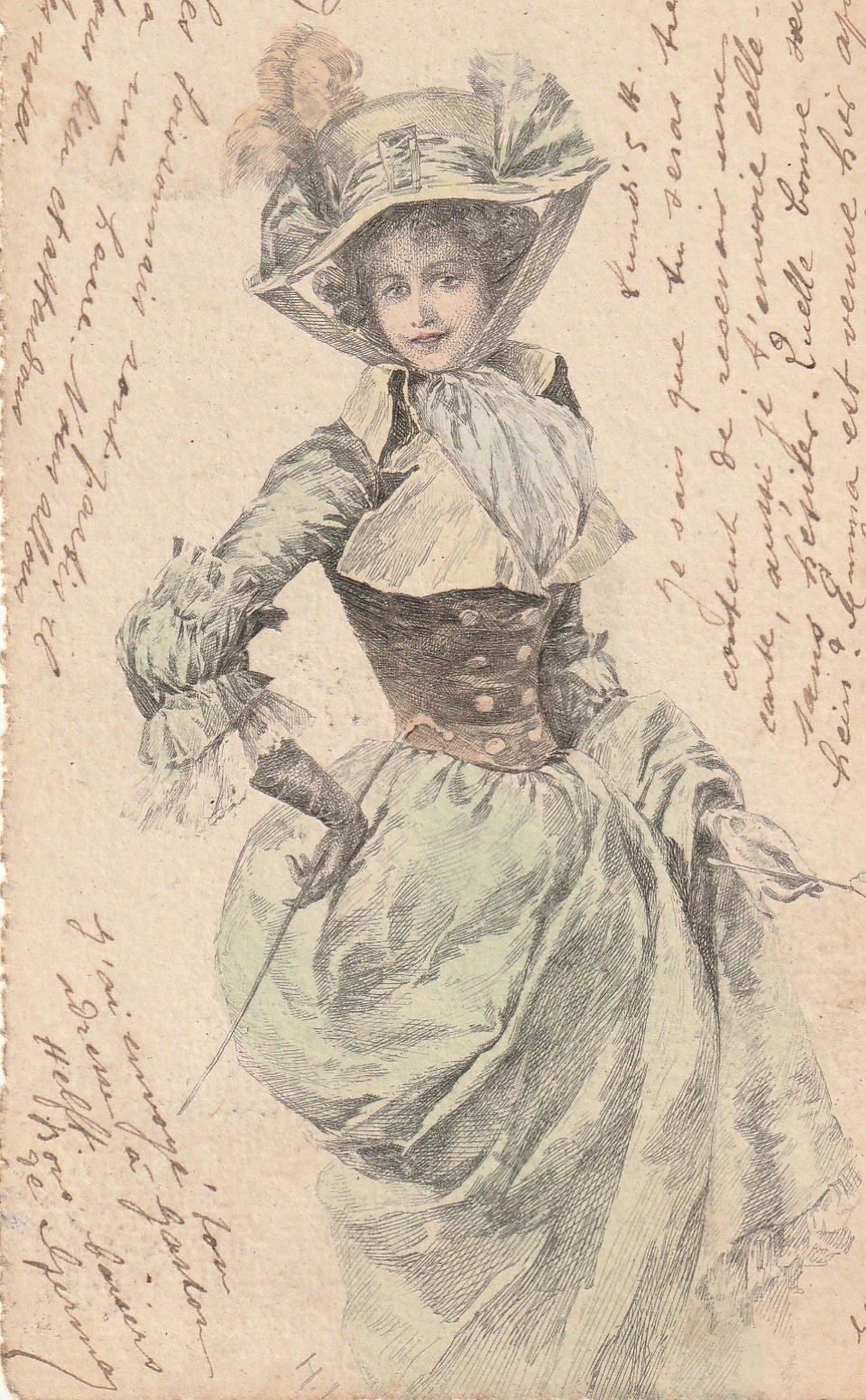 Style Kirchner LA MODE. Illustrateur Art déco 1901 Jeune femme en robe longue avec superbe chapeau et binocle