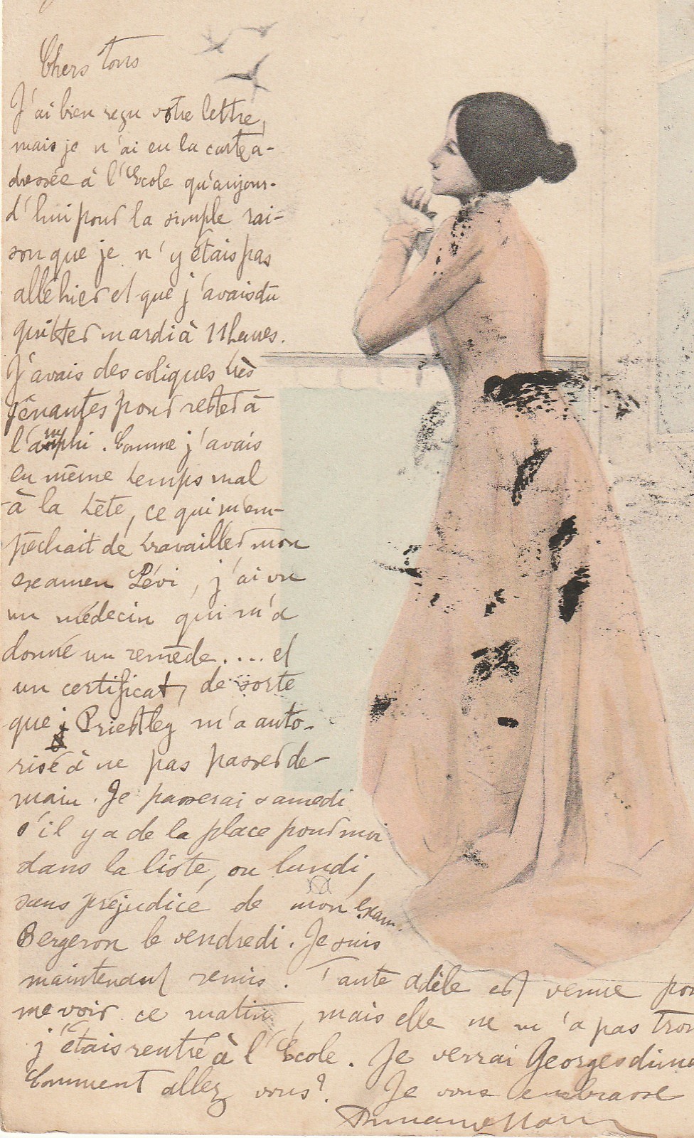 Style Kirchner LA MODE. Illustrateur Art déco 1901 Jeune femme en robe longue avec superbe chapeau et chignon