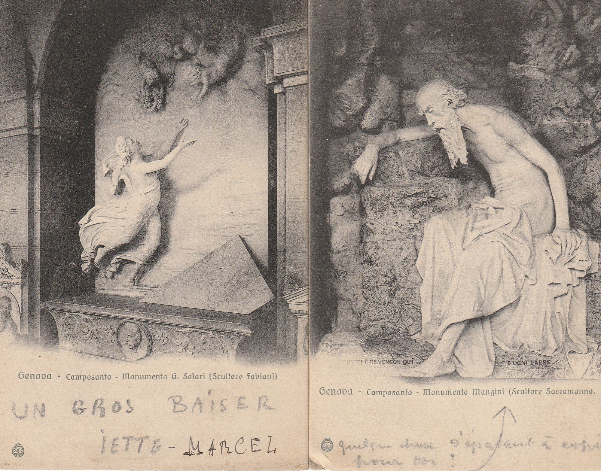 2 x cpa Italia GENOVA. Monumento Solari e Mangini Camposanto verso 1907