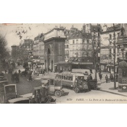 PARIS X. Autobus à plateforme, taxi et attelages Porte et Boulevard Saint-Martin 1914