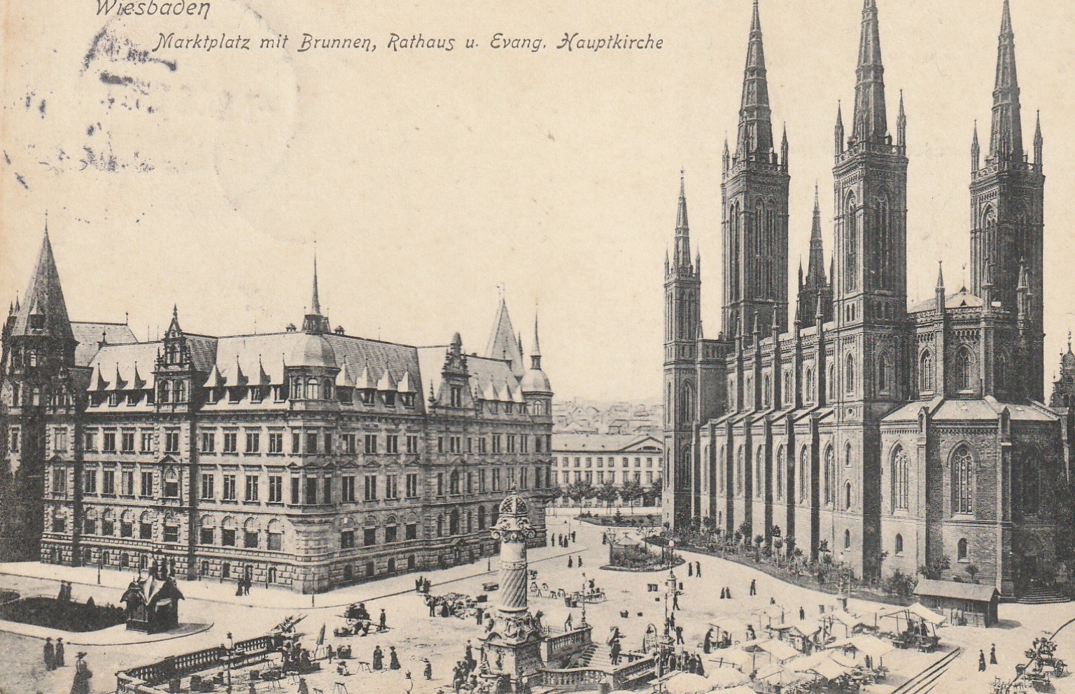 Allemagne WIESBADEN. Markplatz mit Brunnen, Rathaus Evang. Kauptkirche 1906