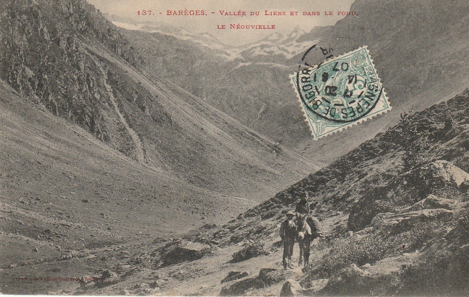 65 BAREGES. Vallée du Lienz et le Néouvielle avec paysans et âne 1907
