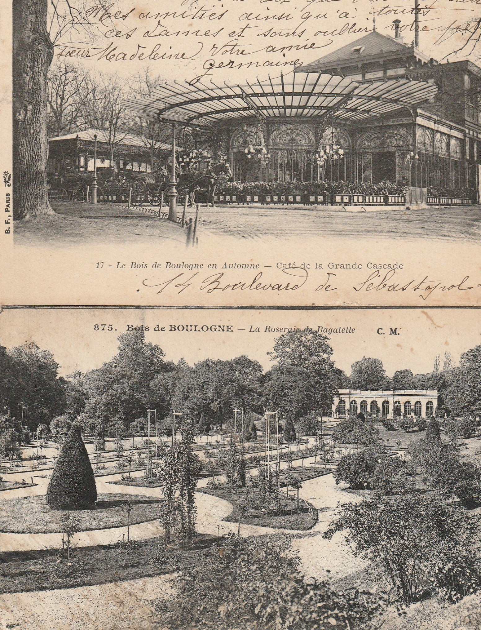 2 x cpa 75016 BOIS DE BOULOGNE. Café de la Grande Cascade 1903 et Roseraie de Bagatelle