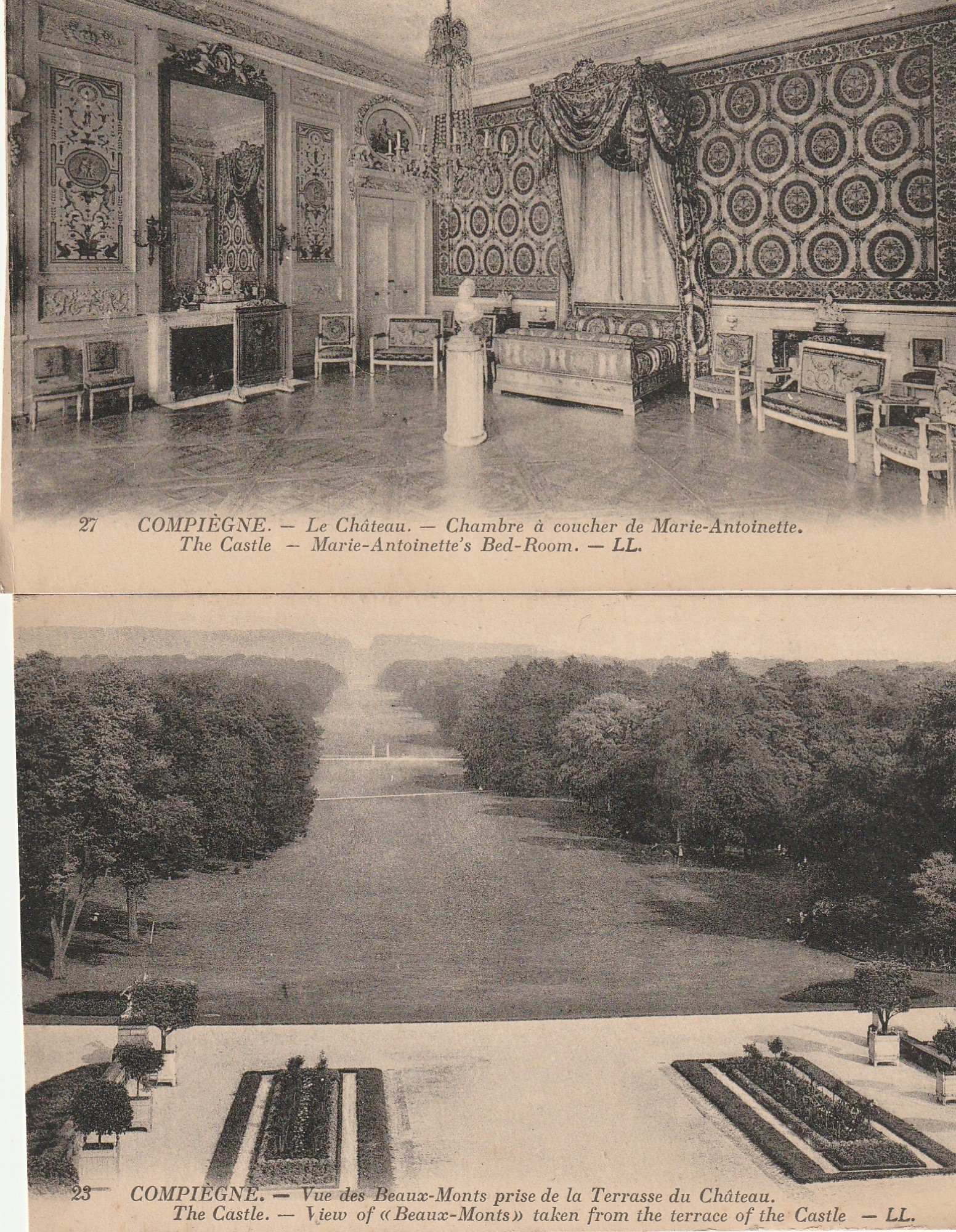 2 cpa 60 COMPIEGNE. Chambre de Marie-Antoinette et vue des Beaux-Monts prise Terrasse du Château