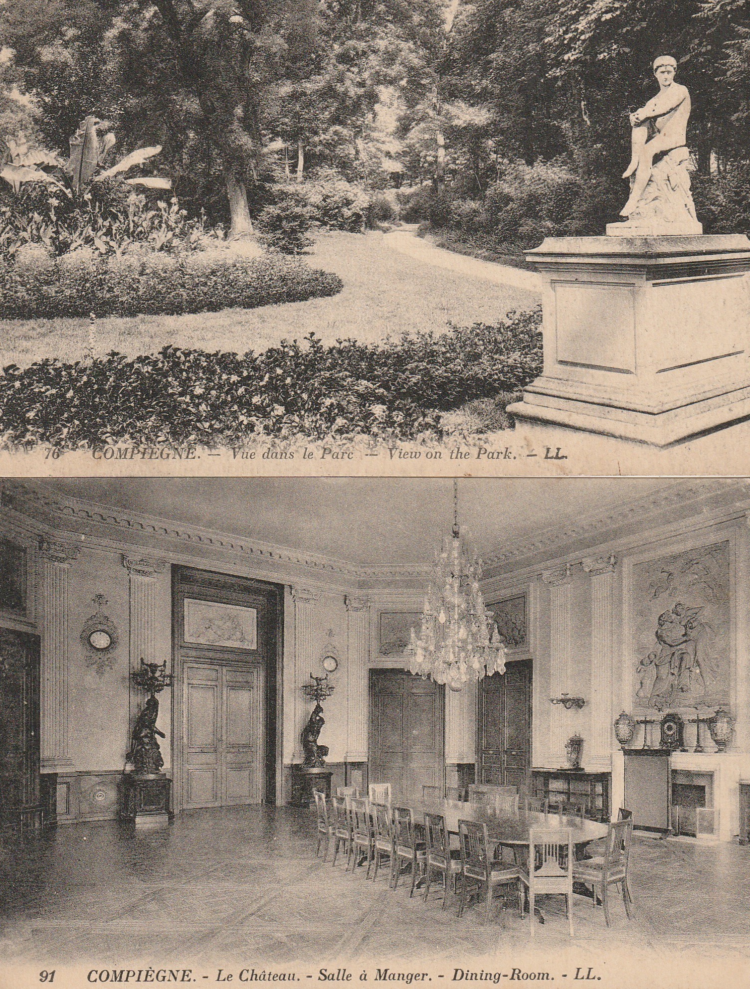 2 cpa 60 COMPIEGNE. Salle à Manger du Château et vue dans le Parc