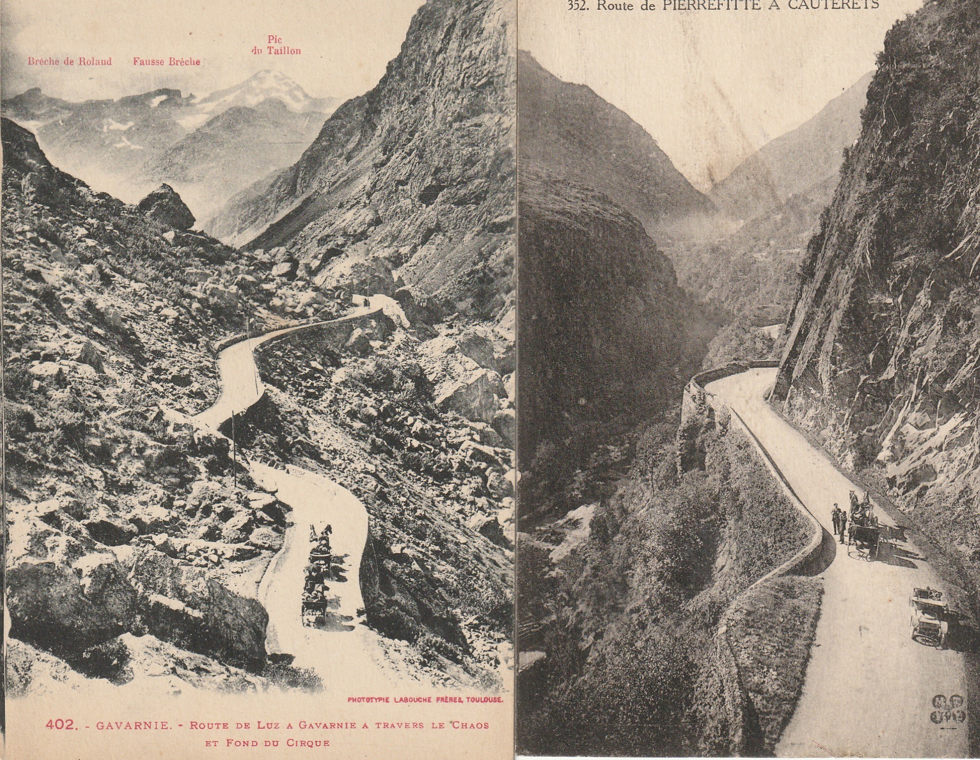 65 LES PYRENEES. Gavarnie, Route de Luz à travers le Chaos et Route de Pierrefitte à Cauterets avec attelages