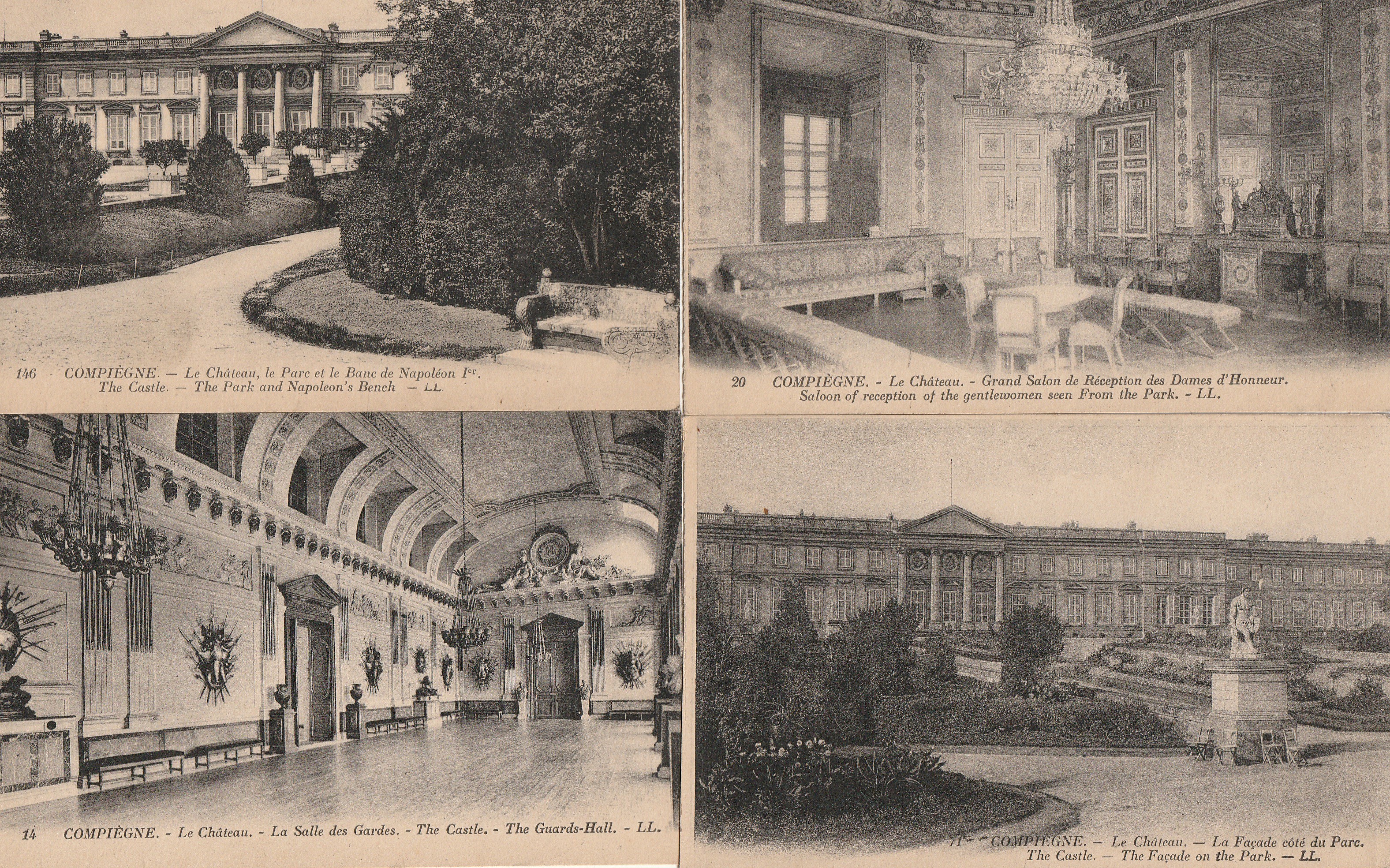 4 cpa 60 COMPIEGNE. Château, Parc Banc Napoléon, Façade, Salle des Gardes et Grand Salon Réception Dames d'Honneur