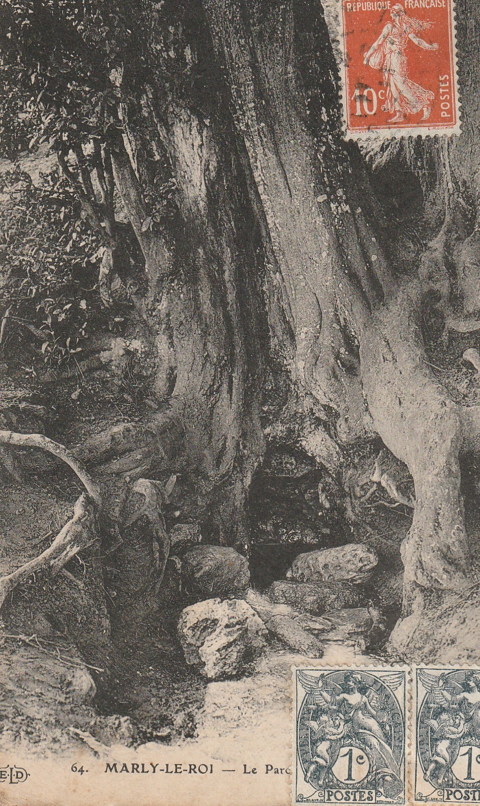 78 MARLY-LE-ROI. Le Parc la Grande Source avec 2 beaux timbres 1 centime 1911