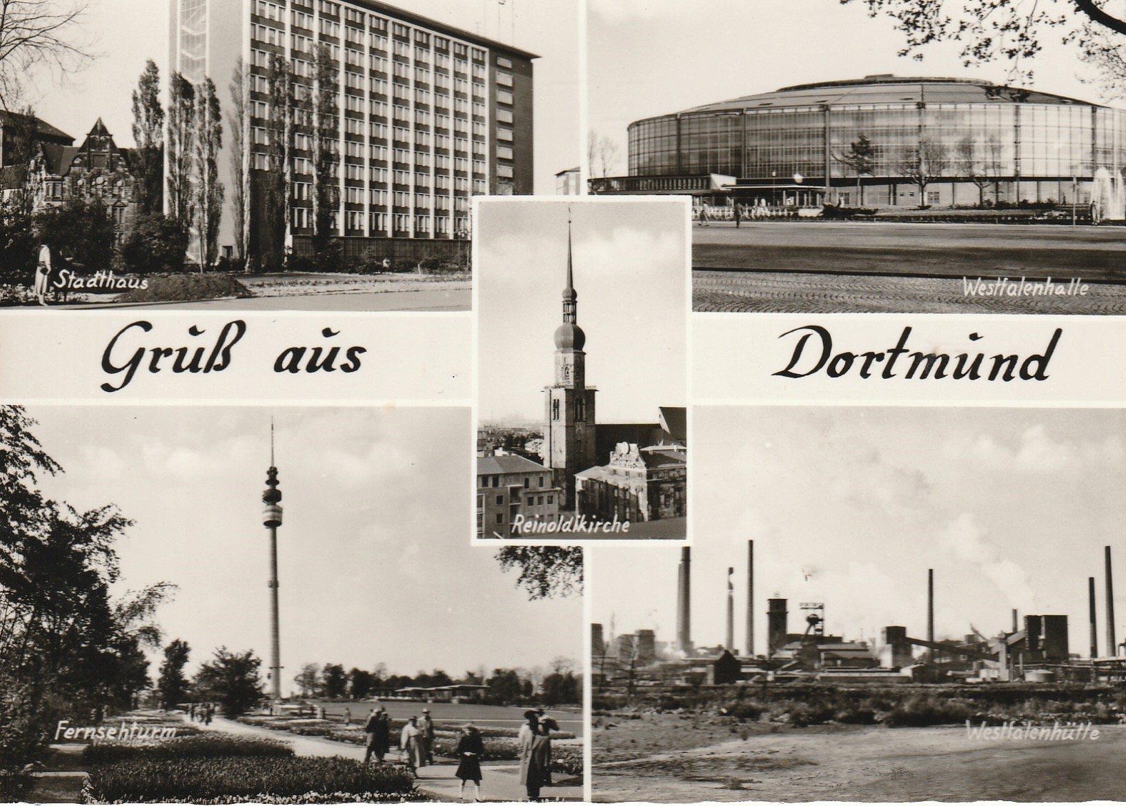 Photo cpsm grand format Allemagne DORTMUND Westfalenhalle Westfalenhütte Fernsehturm, Stadthaus