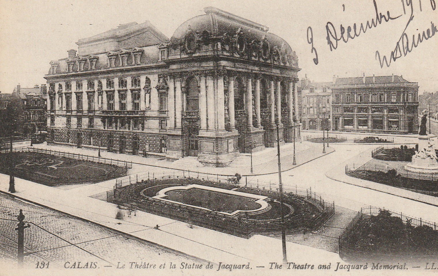 62 CALAIS. Théâtre et Statue Jacquard sur le Parc 1918