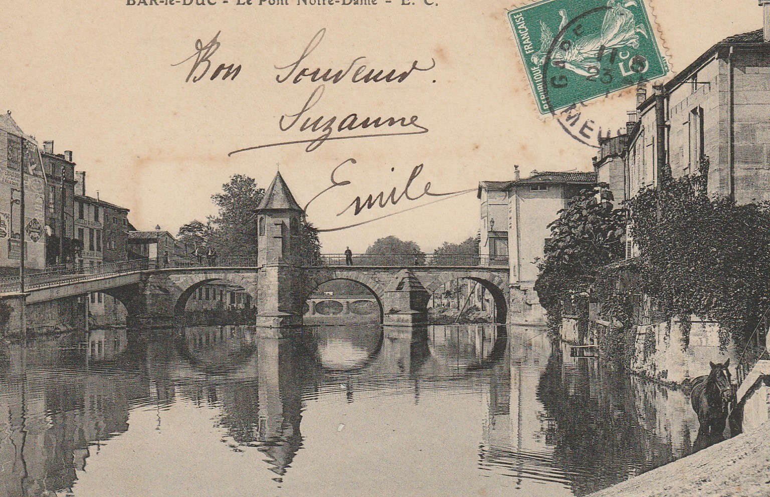 55 BAR-LE-DUC. Le Pont Notre-Dame avec enfant et cheval dans l'eau 1911