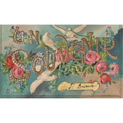 (Al) 22 SAINT-BRIEUC. Un souvenir superbe carte gaufrée avec colombes et fleurs vers 1914