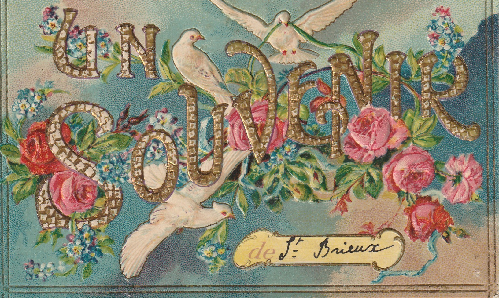 (Al) 22 SAINT-BRIEUC. Un souvenir superbe carte gaufrée avec colombes et fleurs vers 1914