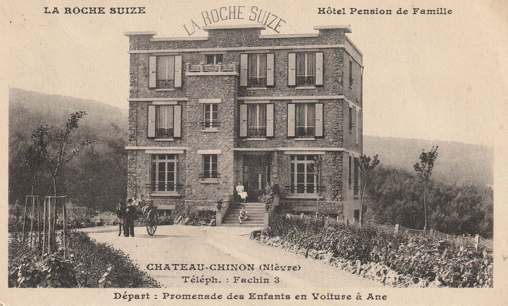 58 CHATEAU-CHINON. La Roche Suize Hôtel Pension de Famille promenade des Enfants en voiture à Âne