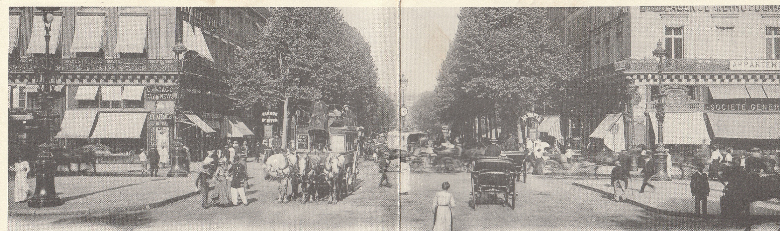 75009 PARIS. Attelages Boulevard des Italiens. Carte panoramique jeu Société Générale double 28 x 9 cm