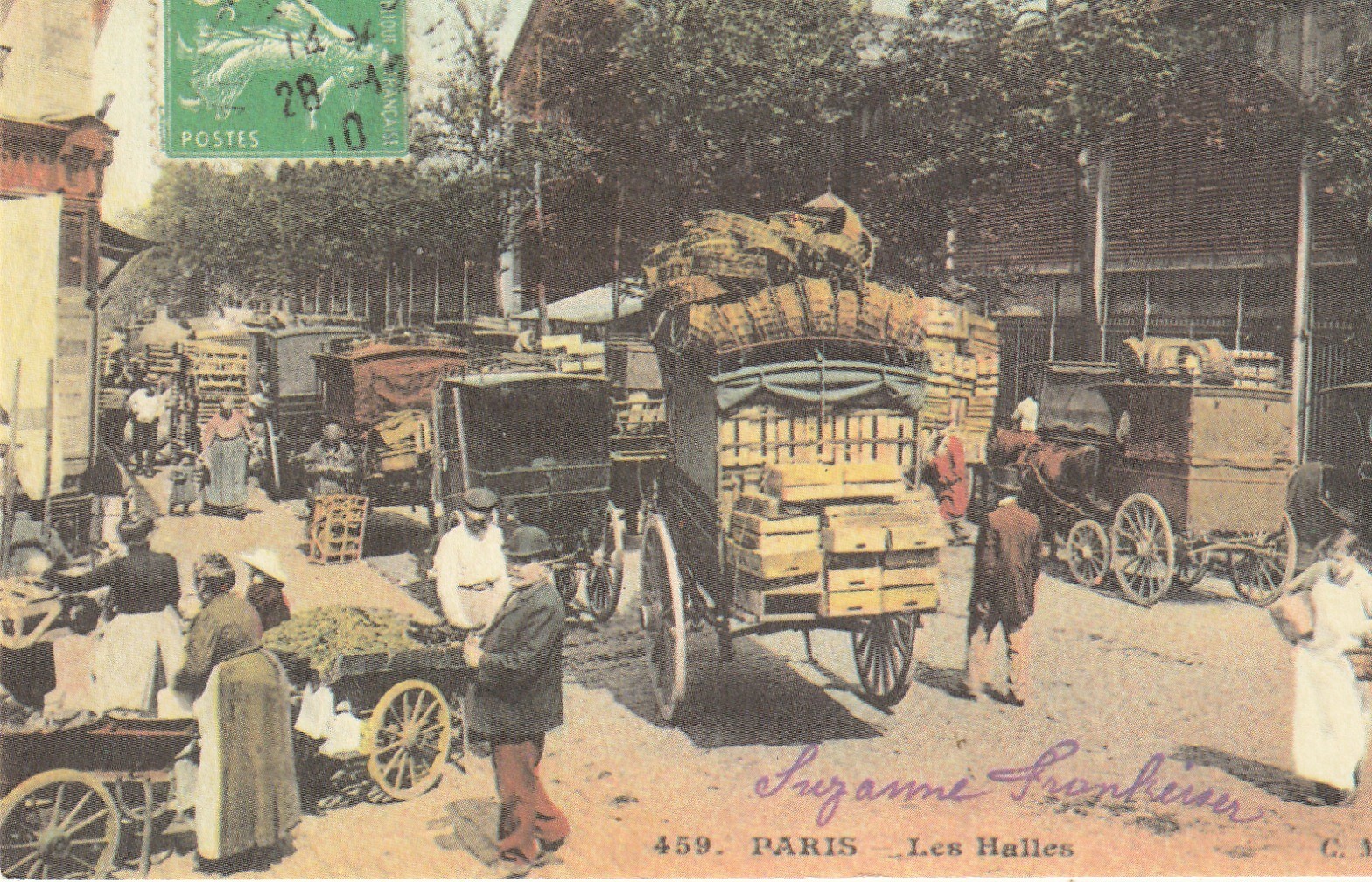 75001 PARIS. Nombreux attelages aux Halles. Carte reproduction pour Banque Société Générale
