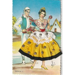 Espagne VALENCIA. Superbe carte avec illustrateur brodée d'une danseuse avec véritables paillettes