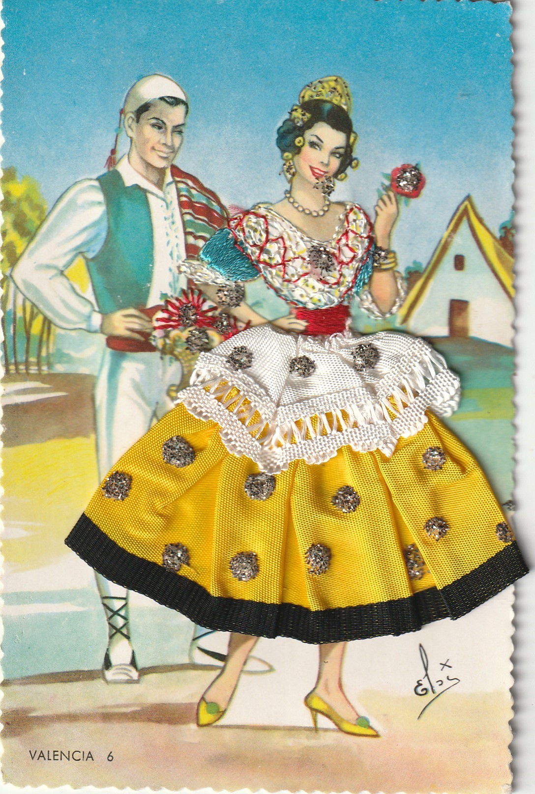 Espagne VALENCIA. Superbe carte avec illustrateur brodée d'une danseuse avec véritables paillettes