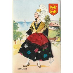 La Normandie TANCARVILLE. Superbe carte avec illustrateur brodée d'une Normande avec véritable tissu 1981