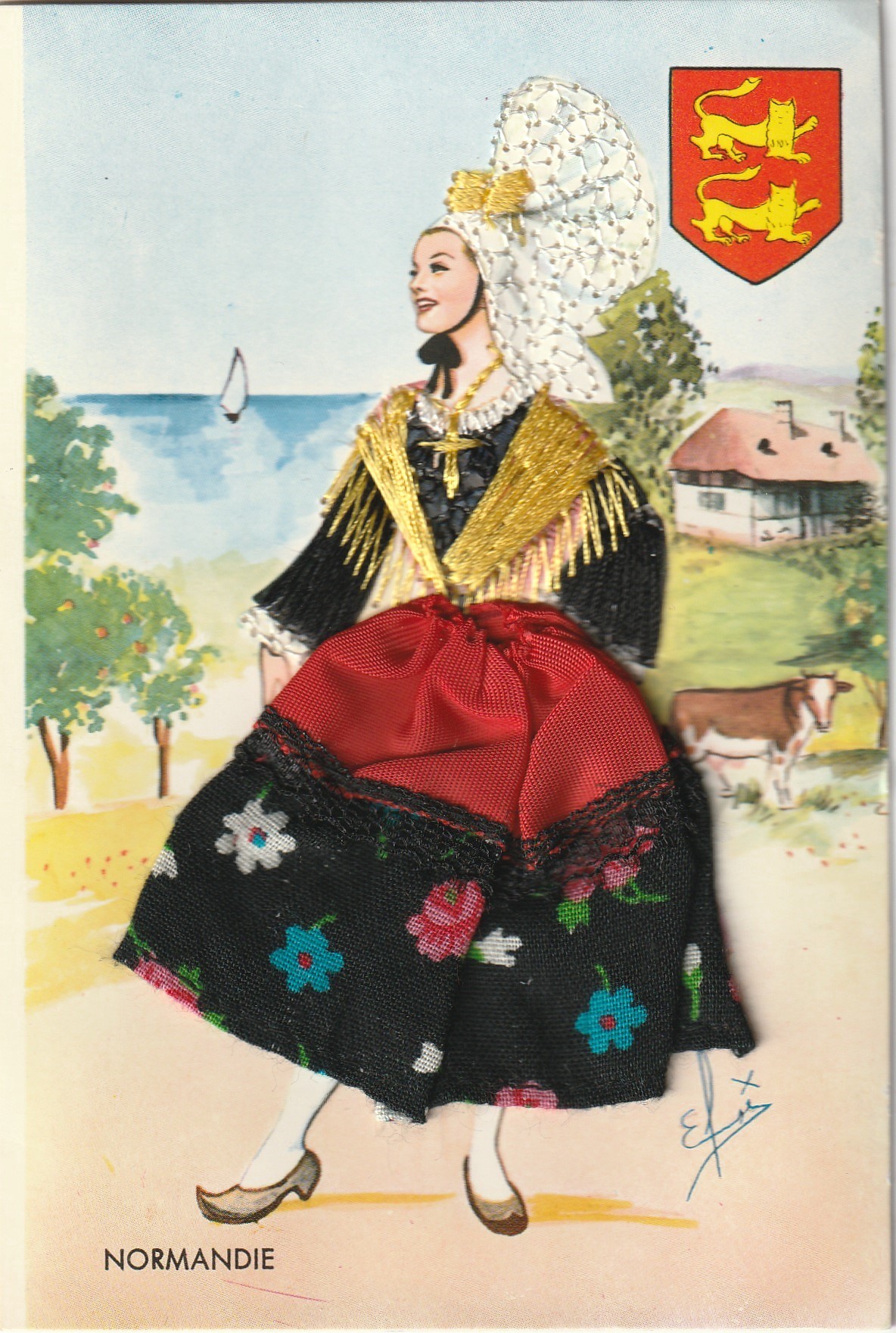 La Normandie TANCARVILLE. Superbe carte avec illustrateur brodée d'une Normande avec véritable tissu 1981