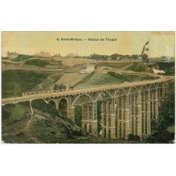 carte postale ancienne 22 SAINT-BRIEUC. Viaduc de Toupin avec Fermière et Vache. Carte toilée timbre manquant