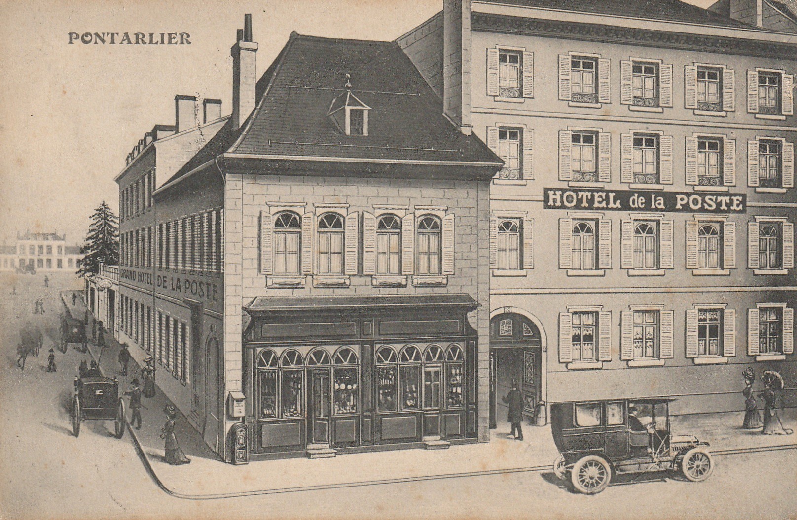 25 PONTARLIER. Grand Hôtel de la Poste 1919. Représentation d'après un dessin avec Tacot et Fiacres