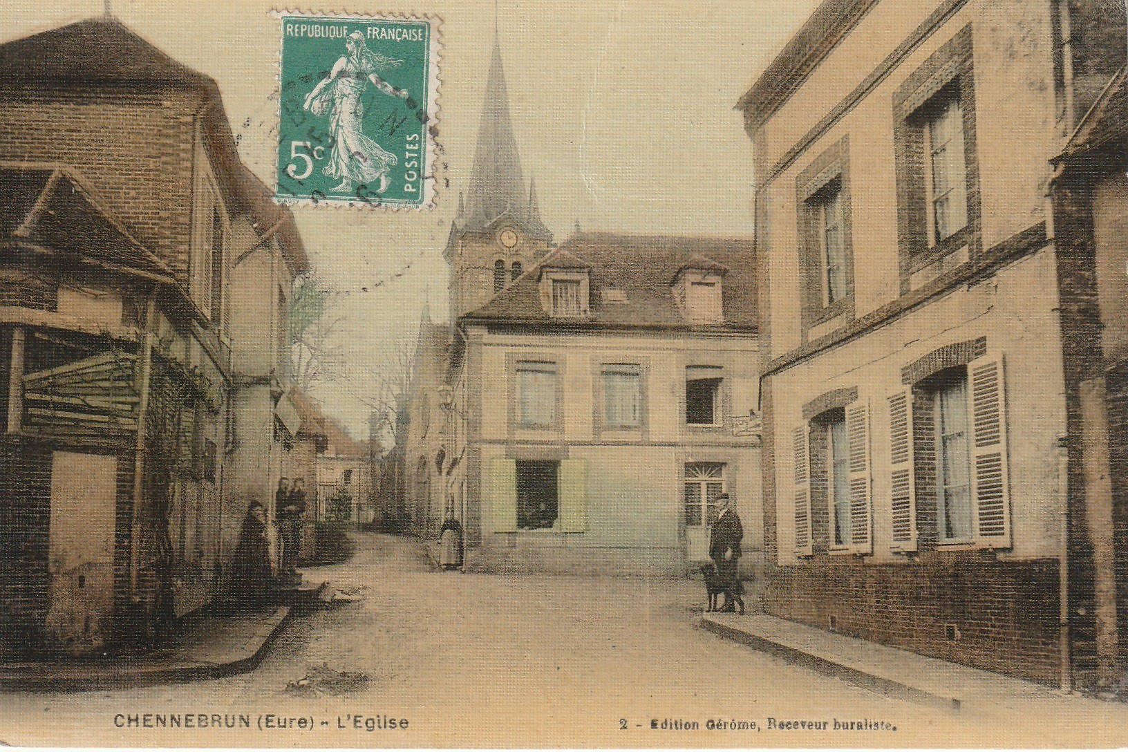 27 CHENNEBRUN. L'Eglise le Café et Tabac. Superbe carte toilée 1906 Edition Gérôme buraliste