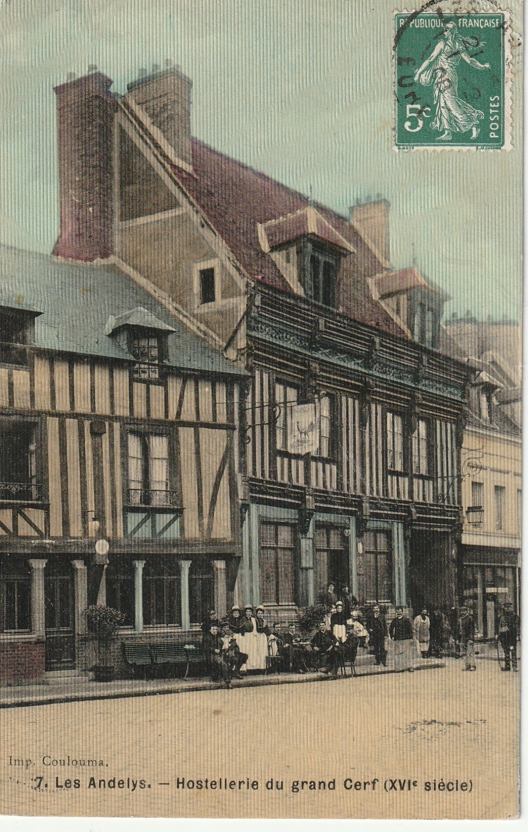 27 LES ANDELYS. Hostellerie du Grand Cerf 1908. Superbe carte toilée animation